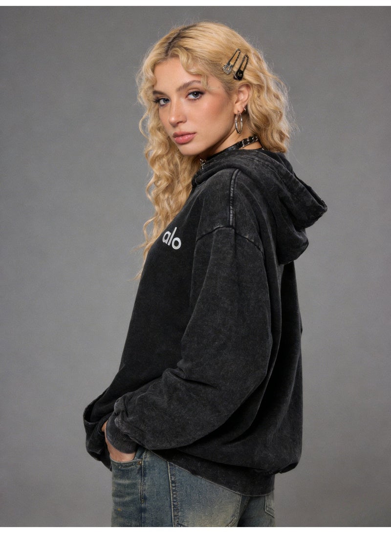 Alo Yoga Men's and Women's Cotton Washed Black Super Large Hoodie - Retro Fading Cotton Hoodie with Minimalist Logo and Kangaroo Pocket, Suitable for Both Men and Women, 400g Heavy Material Thickened for Warmth - Image 1